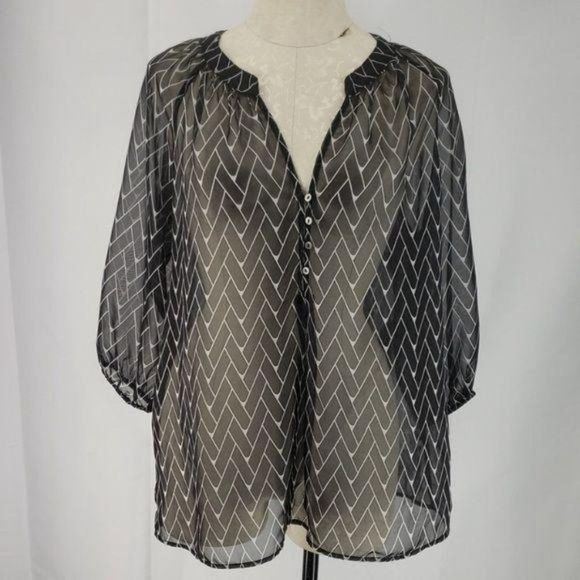 Anthropologie Zoa New York  Black‎ & White Geometric Chevron Sheer Blouse Medium - Picture 2 of 8